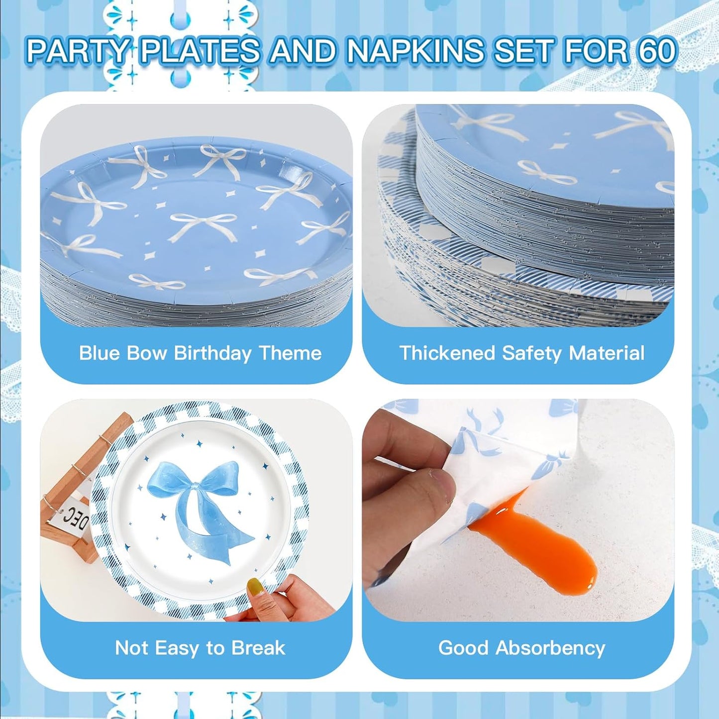 180Pcs Blue Bow Party Supplies Paper Plates and Napkins Serve 60 Disposable Tableware Set for Birthday Party Decorations Game Day Family School Holiday Sports Events