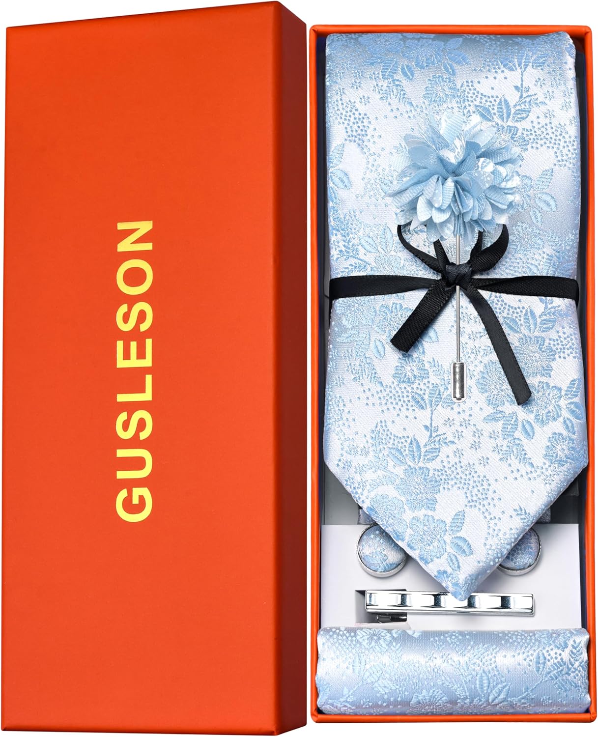 GUSLESON Tie Set for Men Necktie and Pocket Square,Tie Clip,Cufflinks, Lapel Pin Sets with Gift Box 5PCS