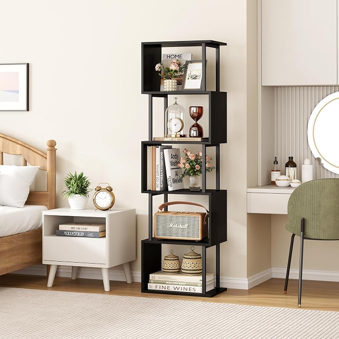 Yusong Bookshelf 5-Tier, Geometric Bookcase S Shaped Book Shelves - Image 7