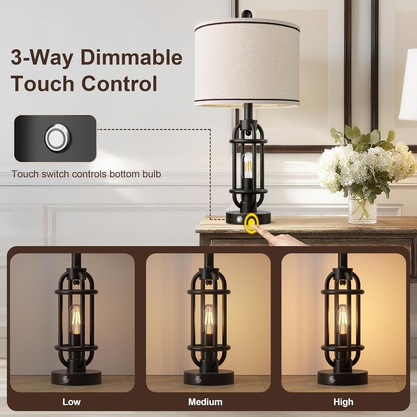 24'' Table Lamps for Living Room Bedroom Set of 2 Industrial Touch Lamp with USB A+C Ports, Night Light Farmhouse Vintage Nightstand Bedside Lamps for Night Stands Metal Black, Bulbs Included
