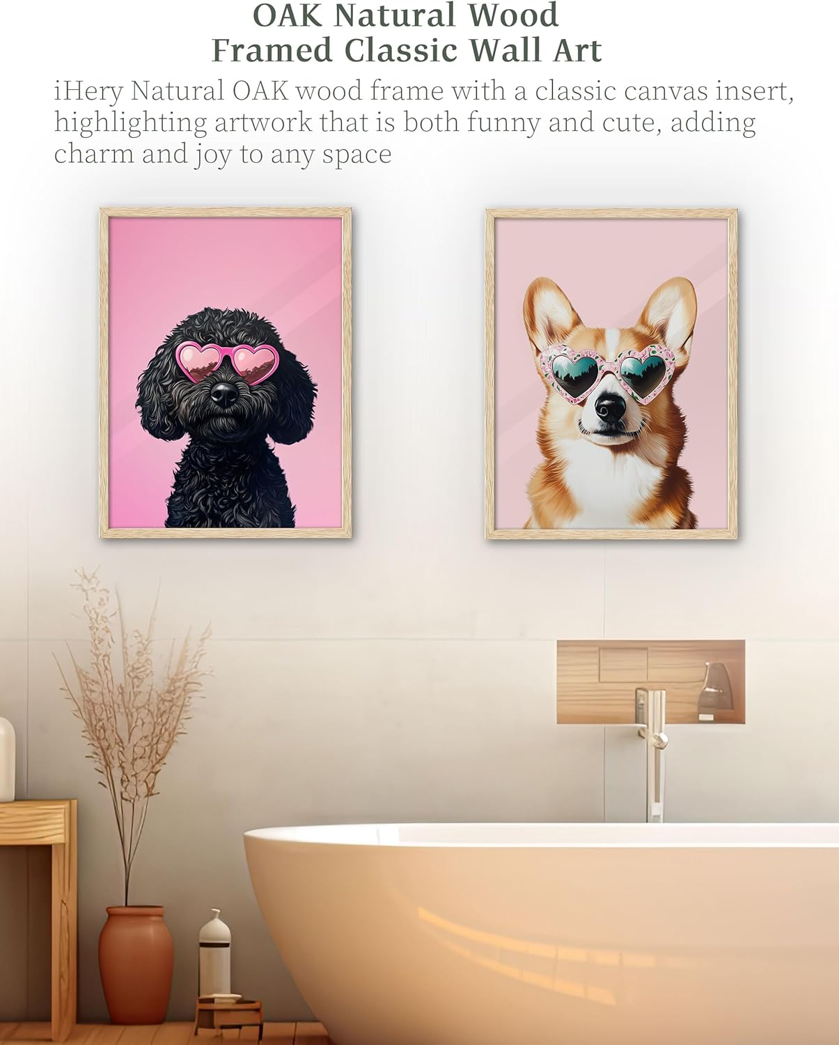 iHery Natural OAK Wood Pink Corgi Dog Framed Wall Art, 12x16in Funky Preppy Heart-Shaped Glasses Canvas Wall Art Decor For Bedroom, Cute Welsh Dog Prints Apartment Bathroom Living Room Set of 1