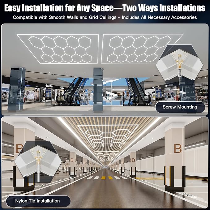 JTT Hexagon Garage Lights, 736W 73600LM LED Garage Hexagon Lights, 6500K Super - Image 5
