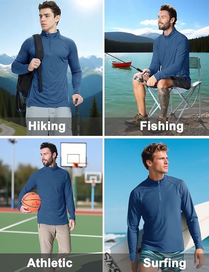 CRYSULLY Men's Long Sleeve 1/4 Zip Shirts Sun Protection Pullover UPF 50+ Rash - Image 2