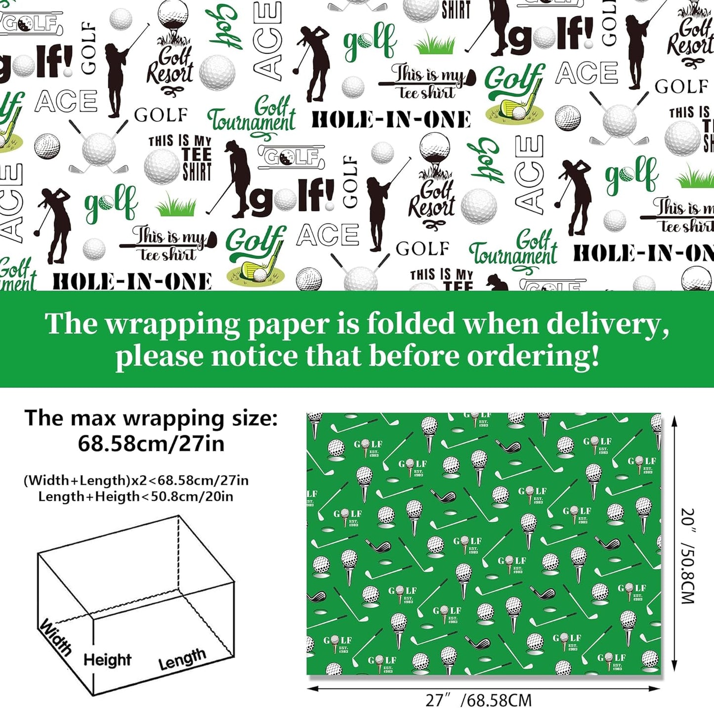 12-Sheet Golf Wrapping Paper Set – 6 Sports-Inspired Designs with Golf Clubs, Balls, Carts & Green Argyle Patterns | Flat Sheets for Birthdays, Retirement Parties & DIY Crafts (20"x27", Not Rolls)
