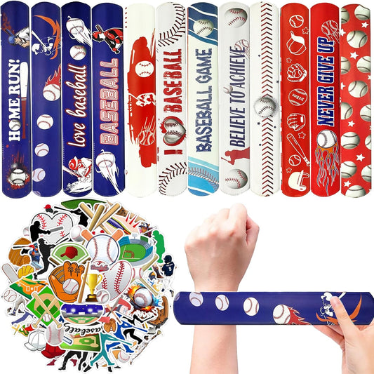74Pcs Baseball Theme Party Favors BaseBall Theme 24PCS Slap Bracelets 50 Pcs Stickers,Baseball Party Team Gift Fillers School Classroom games Rewards Supplies