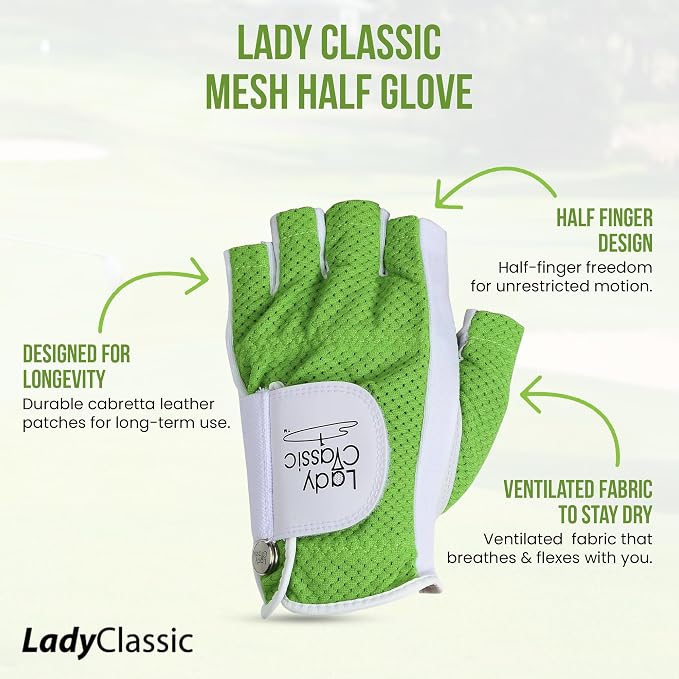 Mesh Half Golf Glove for Women – Premium Cabretta Leather Palm, Breathable Mesh - Image 3