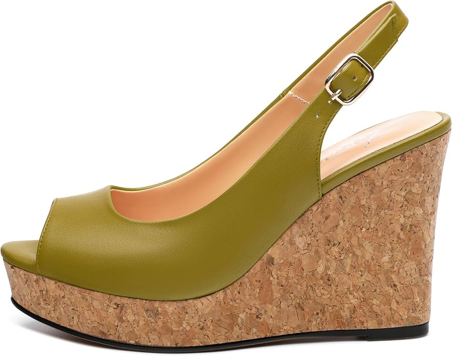 Womens Peep Toe Wedge Heels Matte Fashion Cork Slingback Pumps Platform Wedge - Image 2