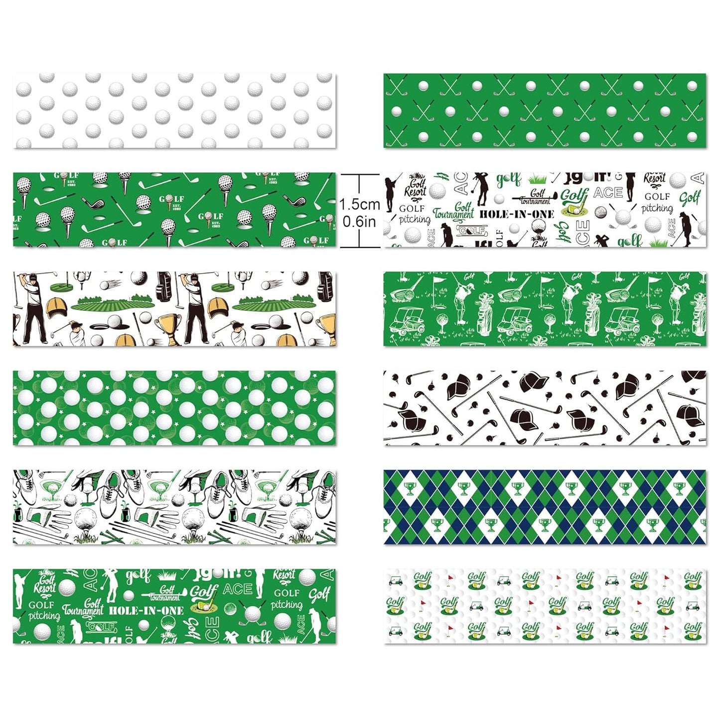 12 Rolls Golf Ball Washi Tape Set - Sports Theme Decorative Paper Tape for Scrapbooking, Journals, Gift Wrapping & DIY Crafts (15mm x 6.5m per Roll)