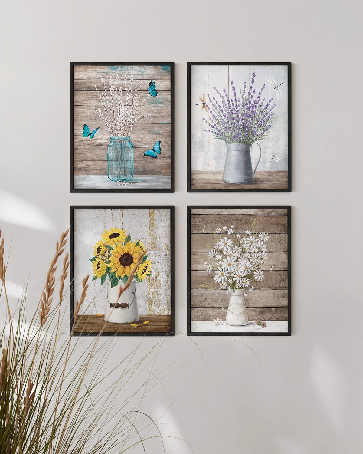 HAUS AND HUES Floral Prints - Set of 4, 8x10 Wall Art, Farmhouse Bouquets, Framed Metal Painting for Bathroom, Bedroom, Dorm, Kitchen, Living Room, Office