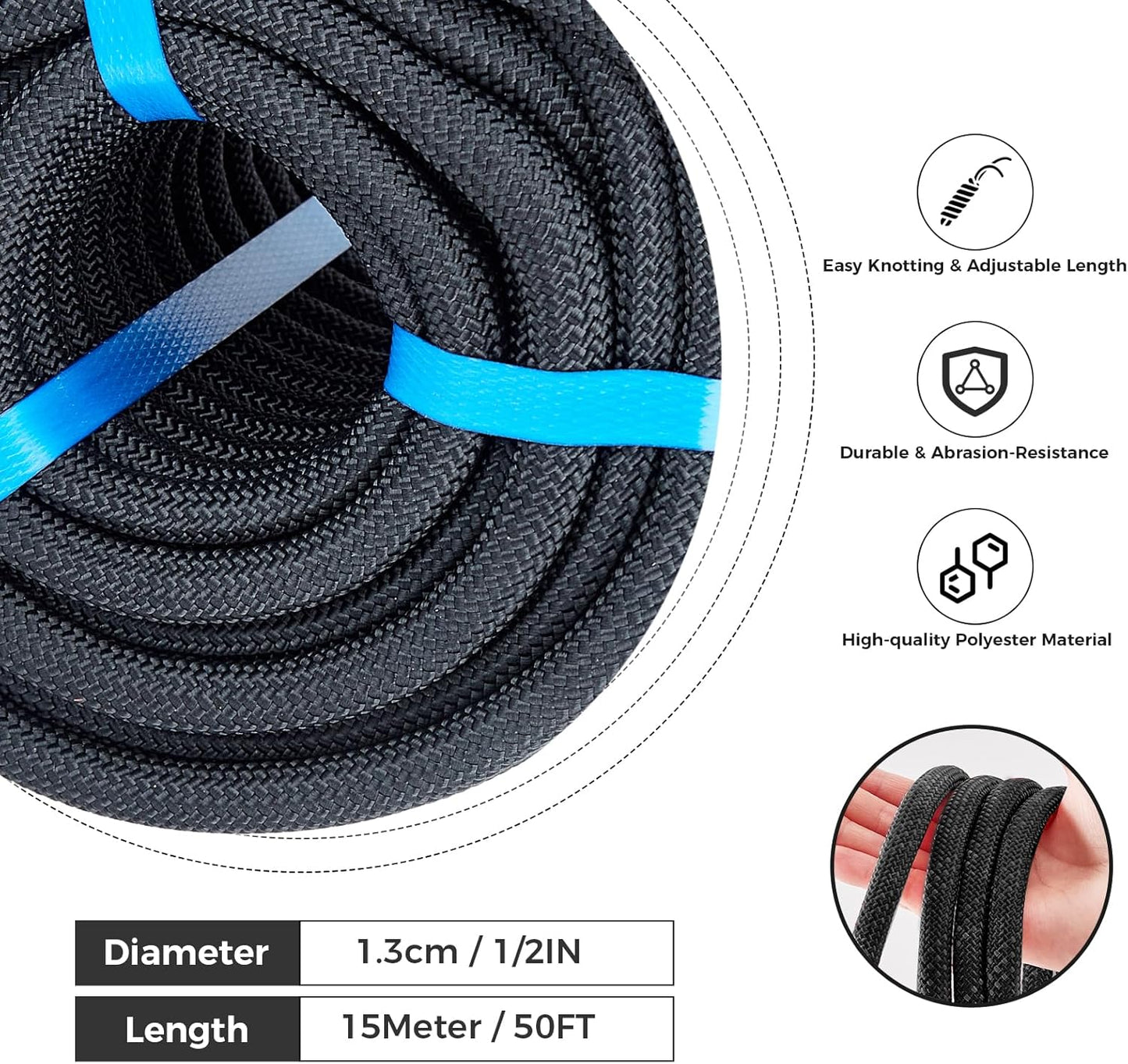 1/2 Inch 50ft Double Braided Polyester Arborist Rope, Heavy Duty Nylon Rope for Anchor, Tree Work, Cargo, Pulling, Sailing(Black)