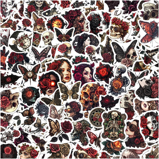 Gothic Steampunk Skeleton Rose Stickers Pack 108Pcs Vinyl Skull Clockwork Butterfly for Laptops Water Bottles Journals DIY Crafts Halloween Decor Car Hat Phone