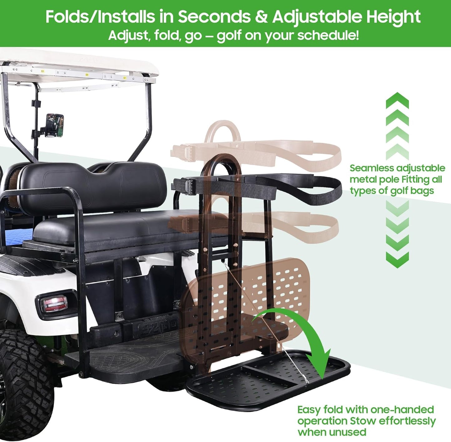 10L0L Universal Golf Cart Bag Holder Rack for EZGO Yamaha Club Car, Foldable Rear Seat Golf Bag Rack Accessory with Adjustable Height and Anti-Shake Design