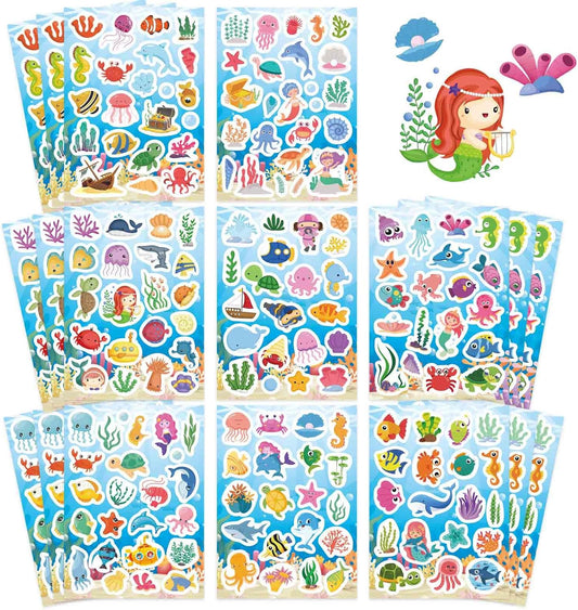24 Sheets Ocean Stickers for Kids, Sea Animal Adhesive Waterproof Stickers, Mermaid Tropical Fish Shark Sticker, Under The Sea Animal Beach Sticker for Ocean Party Favors