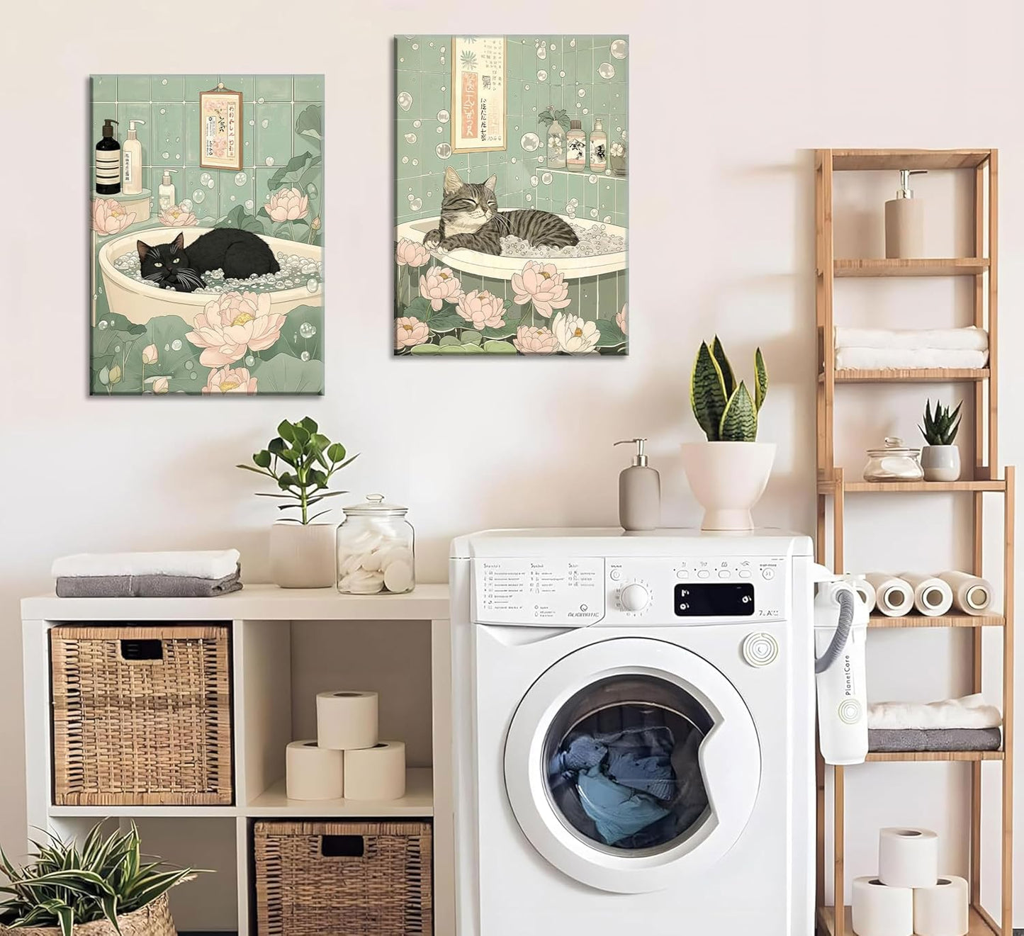 Japanese Cat Bathroom Canvas Wall Art Cute Funny Black and Tabby Cat Poster Prints Zen Lotus Style Painting Pictures Animal Bathtub Wall Decor for Bathroom Toilet Home & Spa Framed