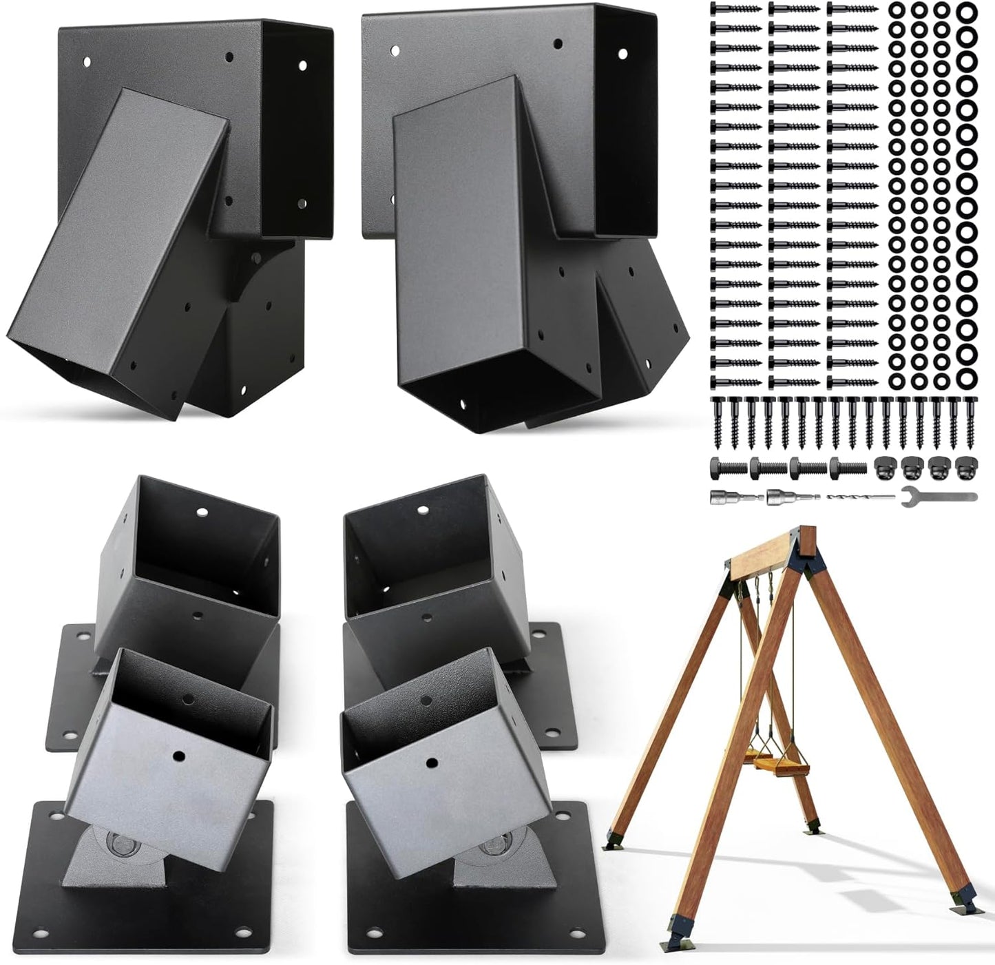 Hulave Stainless Steel Swing Bracket Kit, 4-Pack Swing Set Anchor Leveling Kit Bracket 4"x4"+2pcs A Frame Swing Set Brackets with Mounting Accessories(Black)