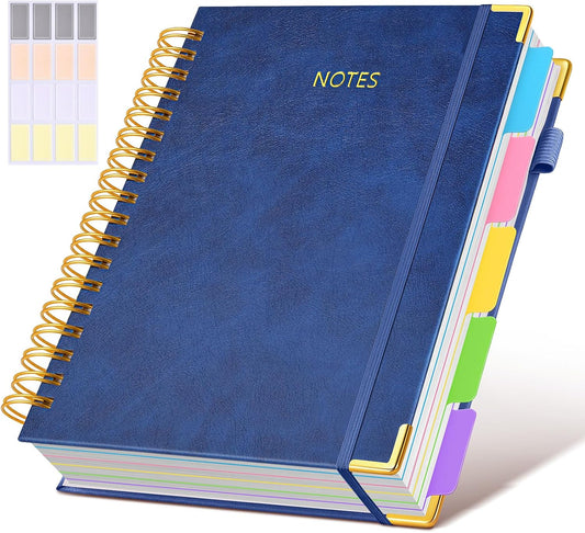 Hardcover Spiral Notebook journal with Removable Dividers Tabs, 300 Pages Leather 5 Subject Notebook College Ruled, 8"x10" Large B5 Notebooks for Work School Note taking, Lined Journal for Women,Navy