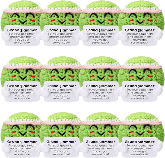 12pcs Funny Tennis Gifts for Team Bulk Tennis Balls with Motivational Cards Positive Handmade Mini Crochet Team Gift for Coach Women Men Coworker Birthday Christmas Party Favors