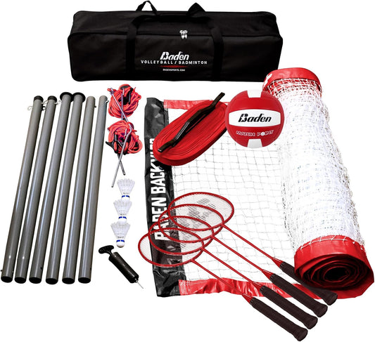 Baden Champions Volleyball/Badminton Portable Combo Set, 4 Raquets + 3 Birdies + Boundary + Volleyball + Pump + Carry Bag