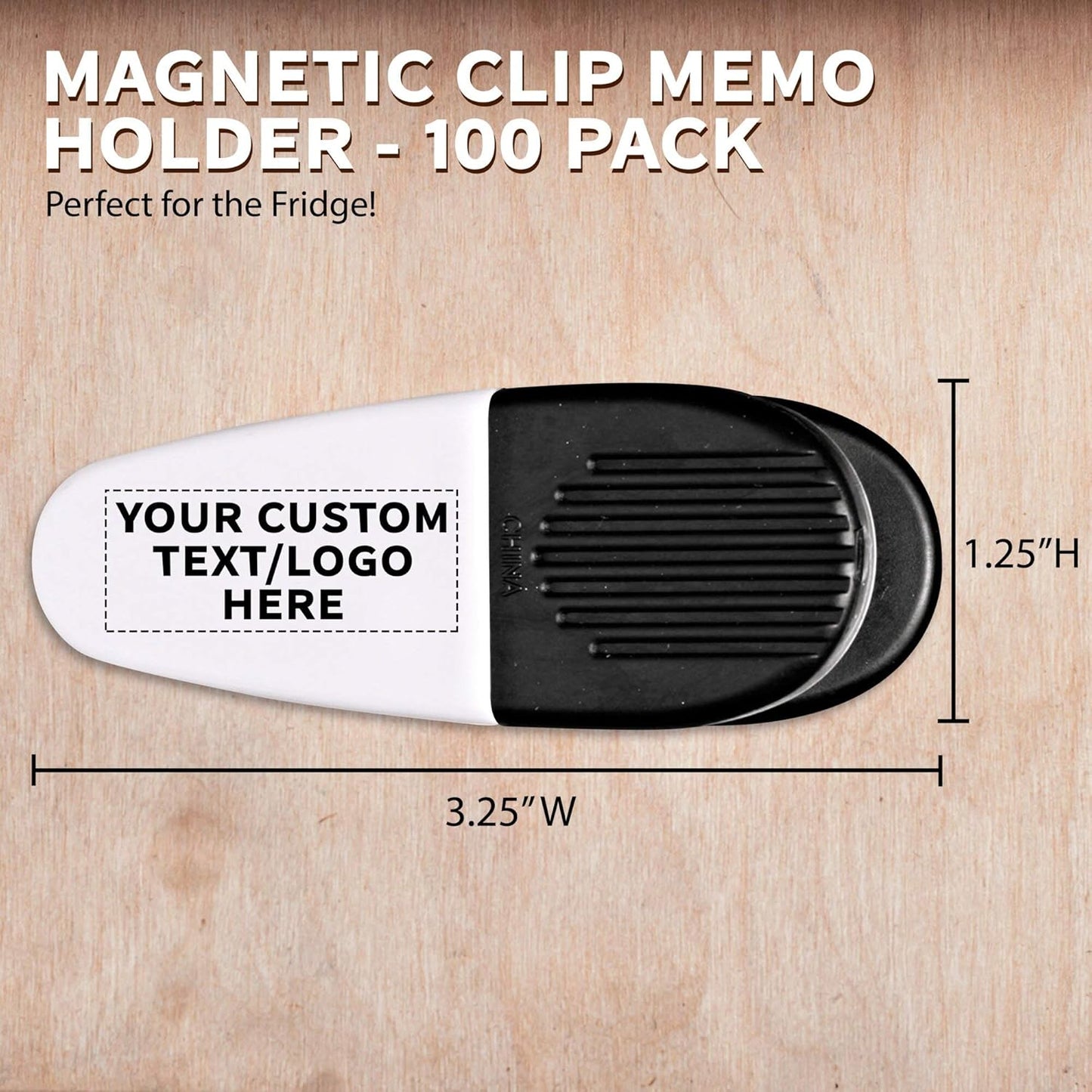 100 Magnetic Memo Holders Set - Customizable Text, Logo - Large Clip, Plastic - White Black