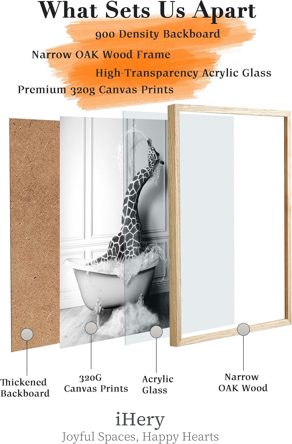 iHery Natural OAK Wood Framed Wall Art, 12x16 in Funny Bathroom Wall Art Decor, Giraffe Bathing Animals Canvas Prints, Black and White Wall Decor Pictures For Bedroom Living Room Set of 1