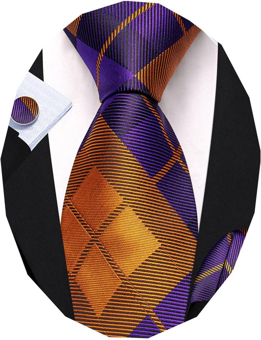 Barry.Wang Designer Classic Ties for Men Set Formal Pocket Square Cufflink Check Plaid
