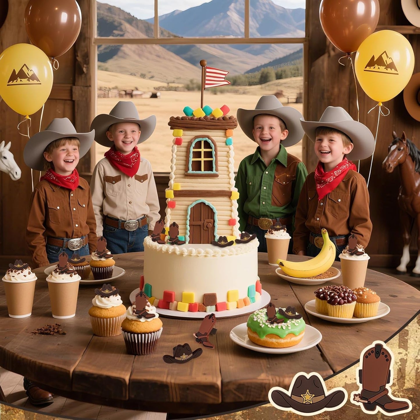 24PCS Cowboy Cupcake Ring Toppers Western Party Hat Boot Cupcake Decorations Rodeo Cupcake Toppers for Western Theme Birthday Party Baby Shower Cake Decorations Supplies