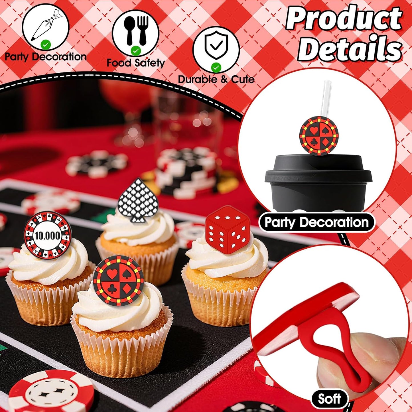 24Pcs Casino Cupcake Ring Toppers Poker Chips Heart Dice Cupcake Toppers Casino Theme Party Cake Decorations for Poker Game Night Las Vegas Birthday Corporate Events Party Supplies