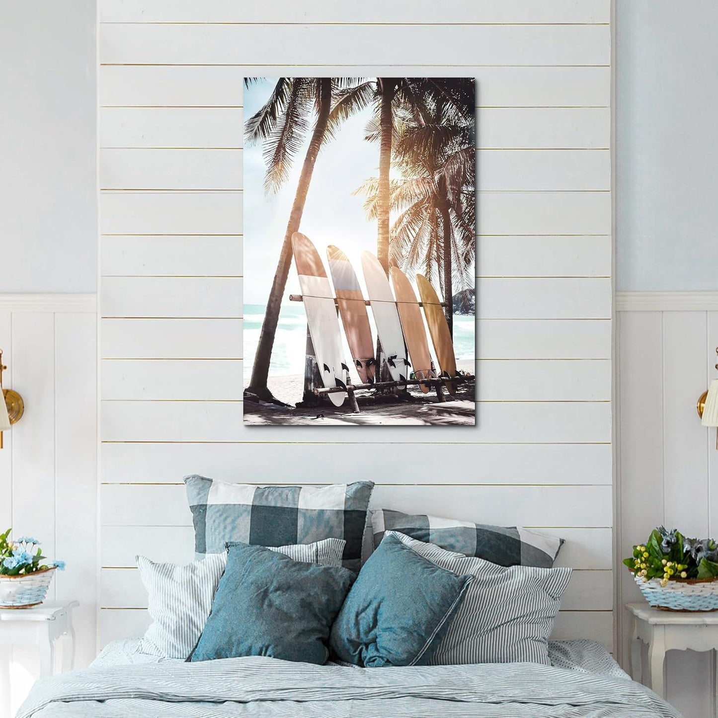 Hardy Gallery Palm Tree Wall Art Surfboard Pictures: Beach Scene Painting Coastal Wall Decor Seaside Artwork Surfing Ocean Print in Beach Canvas for Living Room 45"x30"