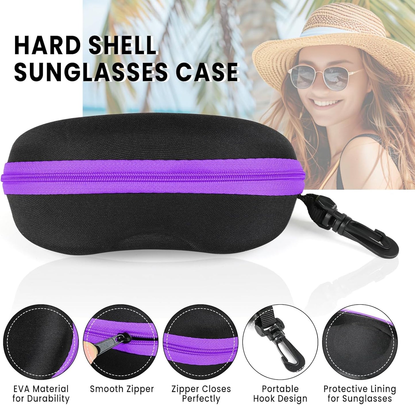 INNOLIFE Zipper Hard Shell Sunglasses Cases, Portable Travel Eyeglasses Cases with Plastic Hook for Men Women