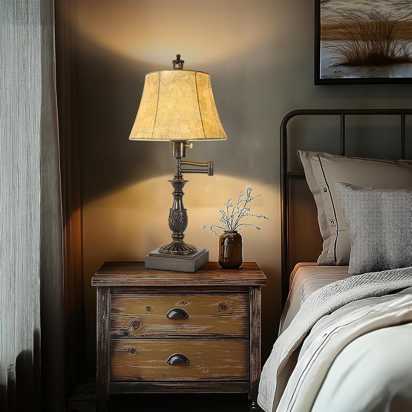 23.5" Rustic Traditional 350° Adjustable Swing Arm Table Lamp Set of 2 with USB A+C Ports Brown Finish Faux Leather Shade Vintage Nightstand lamp for Living Room Bedroom Office (Bulb Included)