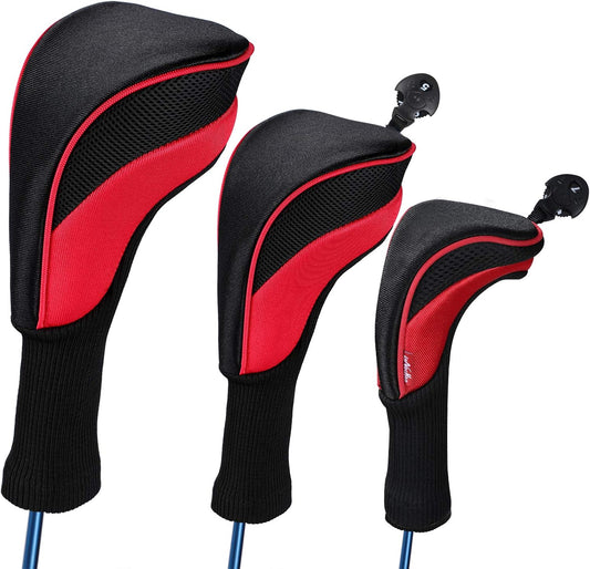 Black Golf Club Head Cover for Driver Fairway 3 Pcs Woods Headcovers, Golf Accessories Hybrid Head Covers Set with Interchangeable Tags 3 4 5 7 X