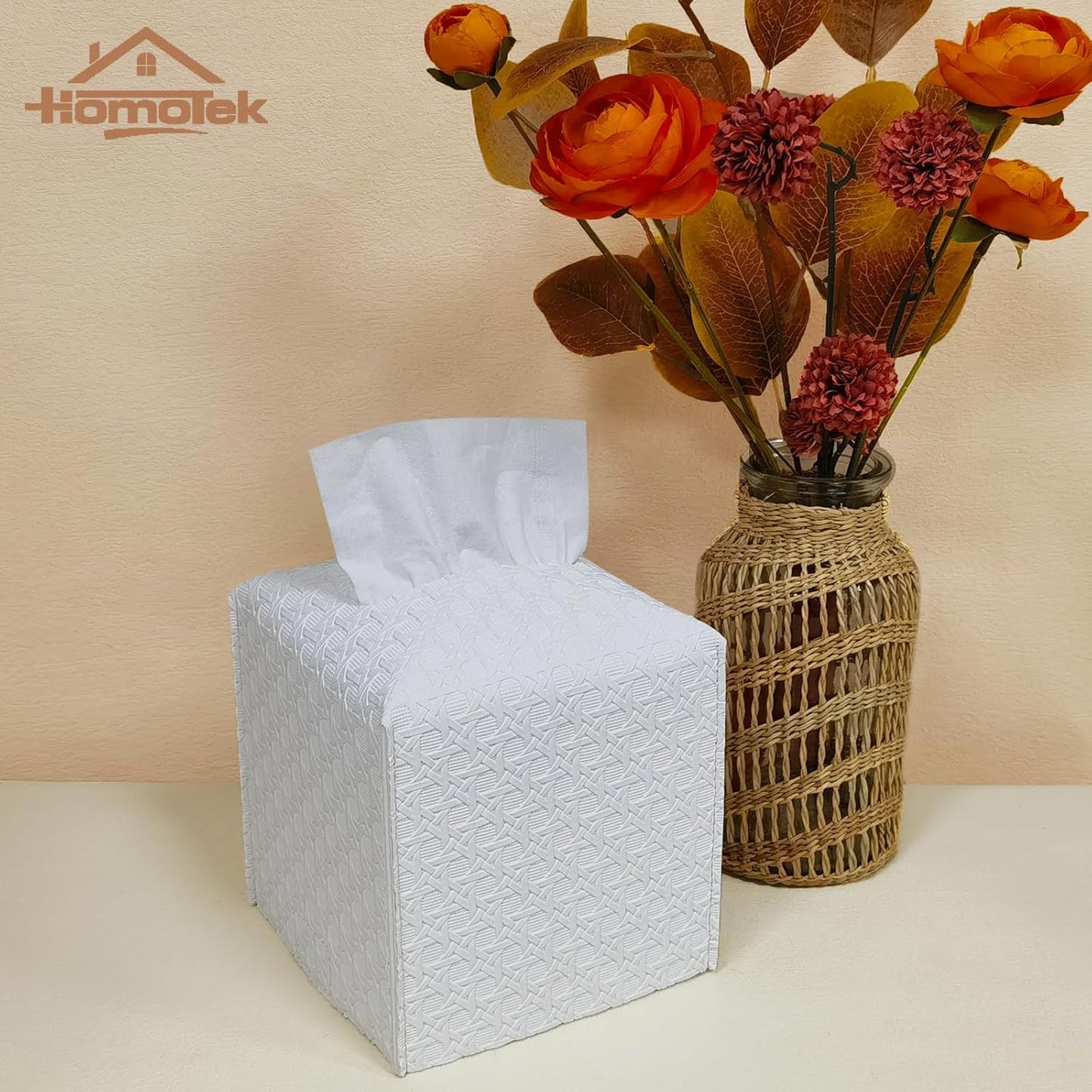 HOMOTEK 2 Pack Tissue Box Cover,PU Leather Tissue Holder,Square Decorative Facial Tissue Cube Paper Organizer Dispenser for Bathroom, Night Stands, Desk, Car 5X5X5'' - Rattan Weave, Pure White