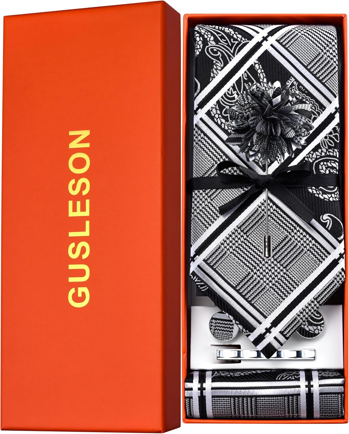 GUSLESON Tie Set for Men Necktie and Pocket Square,Tie Clip,Cufflinks, Lapel Pin Sets with Gift Box 5PCS