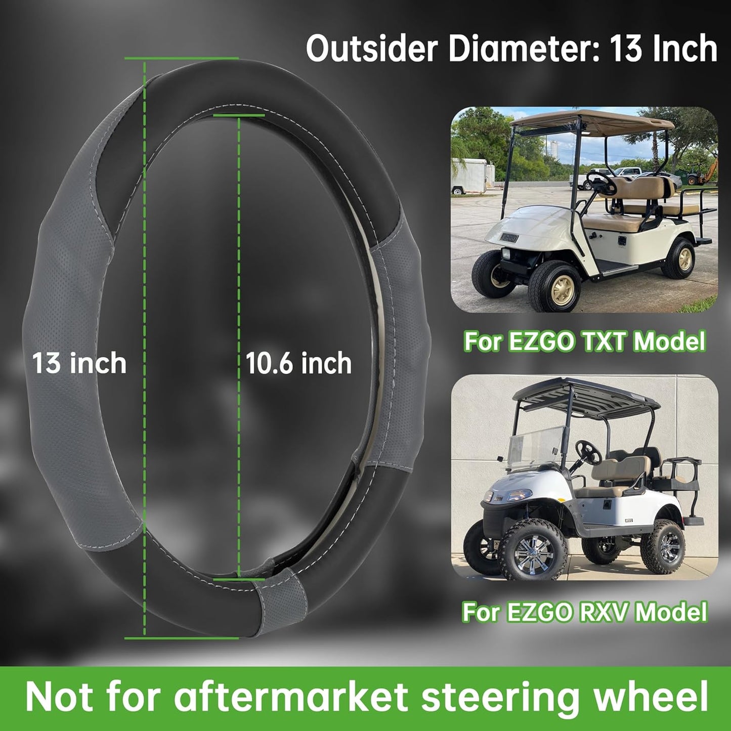 10L0L 13 Inch Golf Cart Steering Wheel Cover for EZGO TXT RXV, Anti Slip PU Leather & Comfortable Grip Feeling-Black Grey