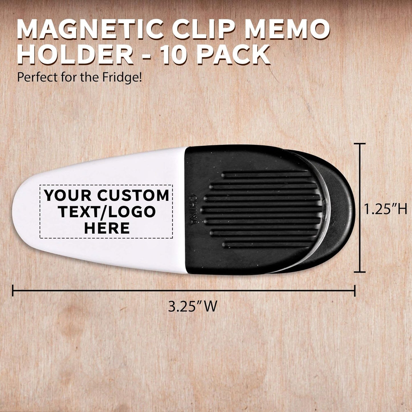 10 Magnetic Memo Holders Set - Customizable Text, Logo - Large Clip, Plastic - White Black