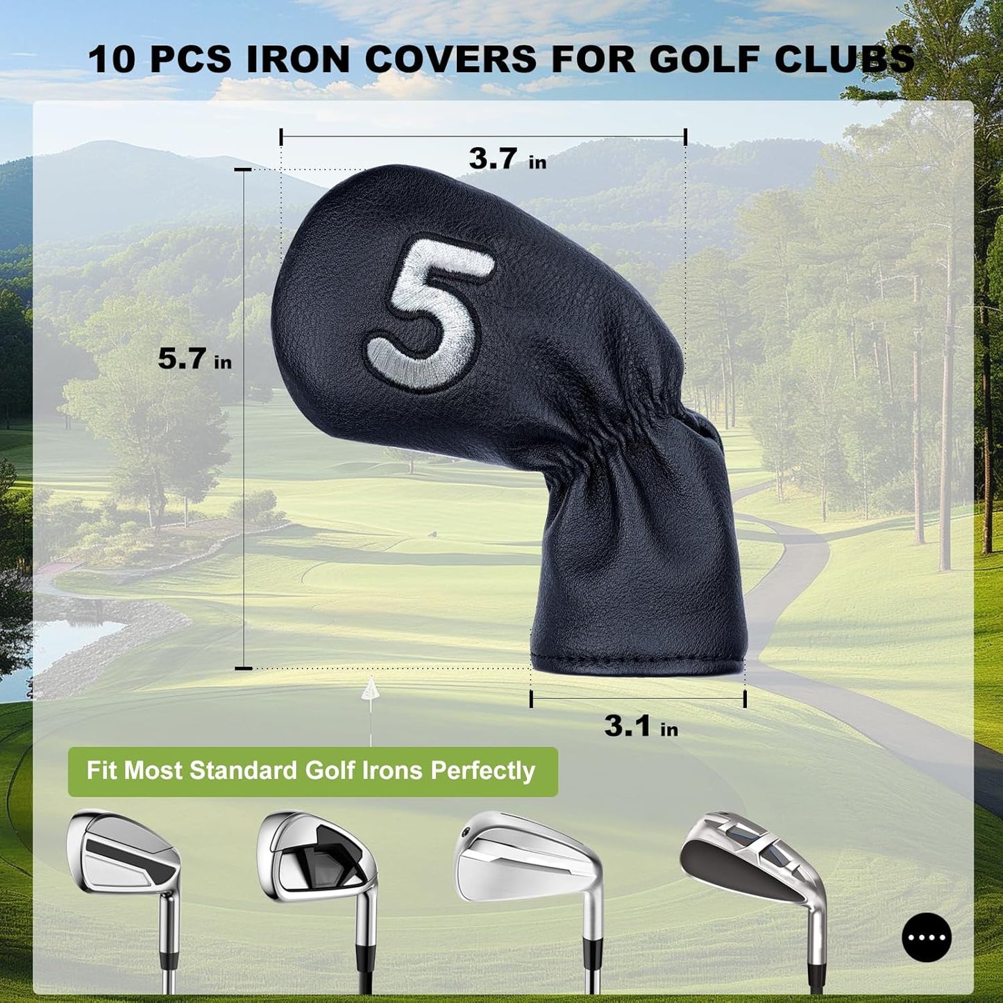 10 Pcs Iron Covers for Golf Clubs, Premium PU Leather Golf Iron Covers with Embroidered Big Numbers, Fits Most Iron Clubs and Hybrid Irons, Easy On and Off