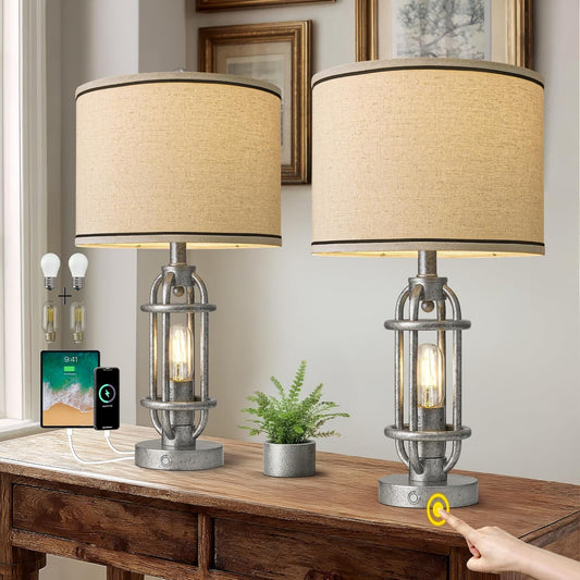 23.75'' Table Lamps Set of 2 for Living Room Bedroom Industrial Farmhouse Metal Touch Lamps with USB A+C Ports, Night Light Vintage Nightstand Bedside Lamp, Bulbs Included, Antique Silver