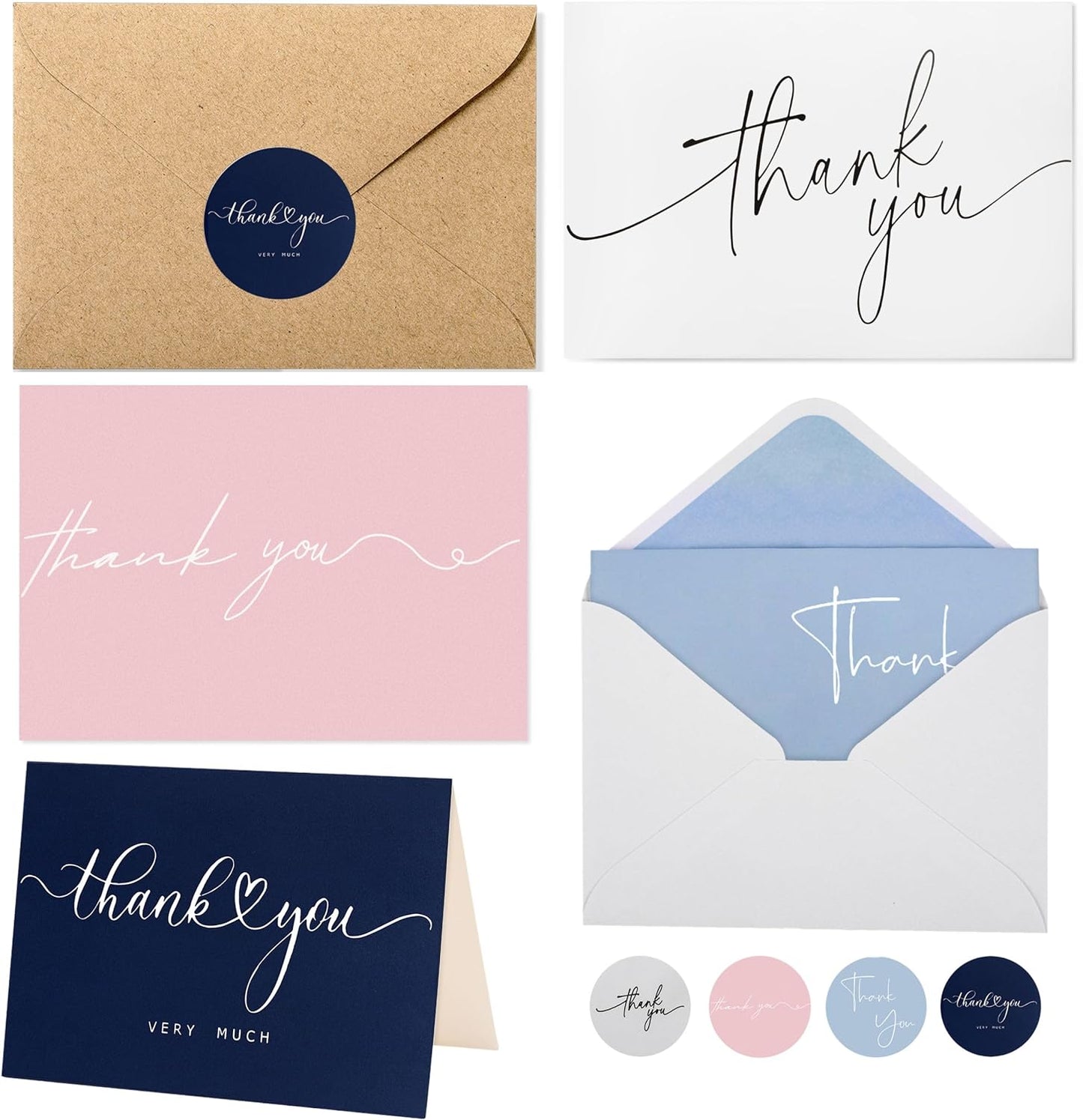 100 Multicolored Thank You Cards with Kraft Envelopes and Stickers - 4 Modern Designs for Wedding, Graduation, Business, Baby Shower