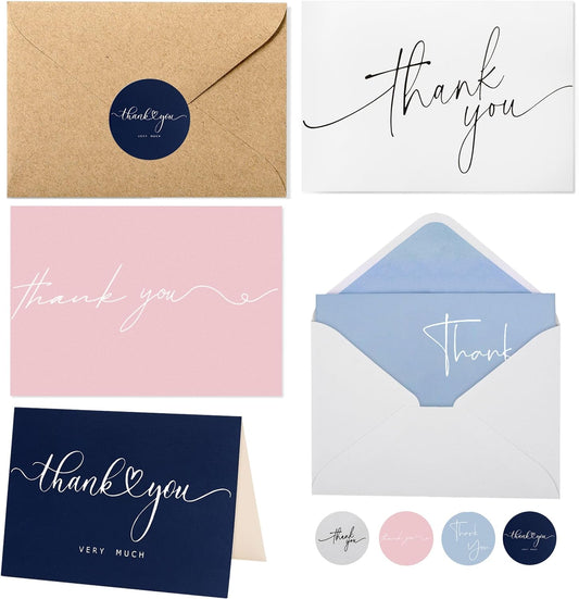 100 Multicolored Thank You Cards with Kraft Envelopes and Stickers - 4 Modern Designs for Wedding, Graduation, Business, Baby Shower