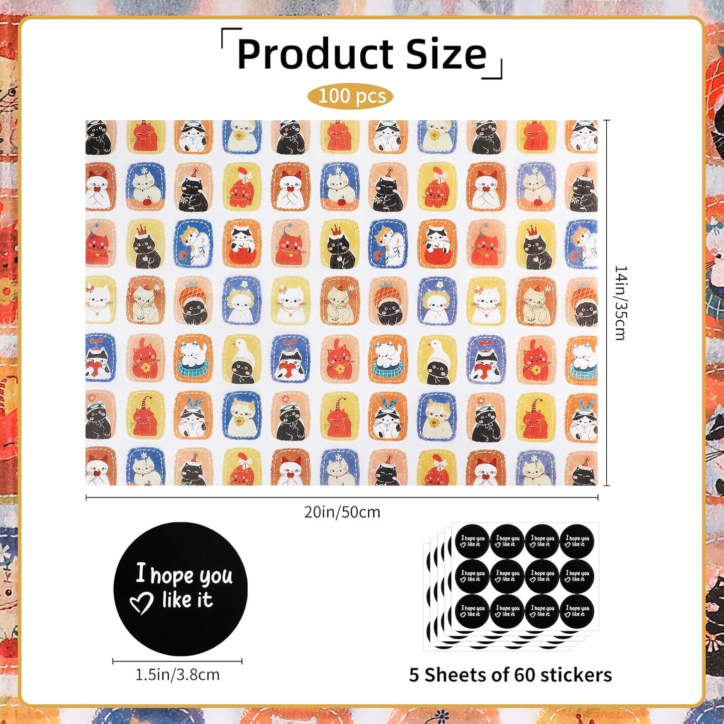 100 Sheets Cute Cat Tissue Paper with Stickers,20x14 Inch Kitties Pattern Gift Wrapping Paper for Birthday, Baby Shower, Wedding, Crafts, Party Favors and Cat Lovers