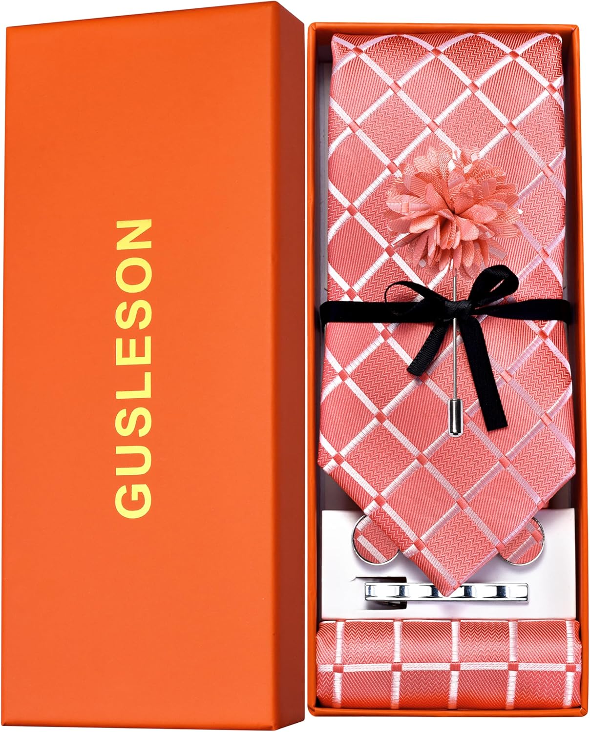 GUSLESON Tie Set for Men Necktie and Pocket Square,Tie Clip,Cufflinks, Lapel Pin Sets with Gift Box 5PCS