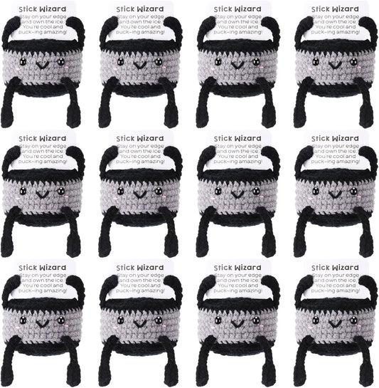 12pcs Funny Hockey Puck Gifts for Team Bulk Positive Hockey Balls with Motivational Cards Handmade Mini Crochet Team Gift for Coach Women Men Coworker Birthday Christmas Party Favors