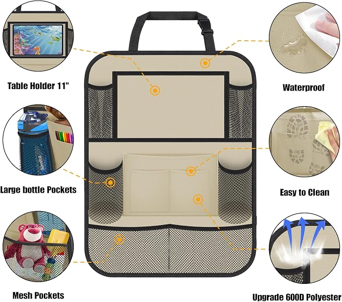 Car Backseat Organizer with 11" Table Holder, 10 Storage Pockets Seat Back - Image 2