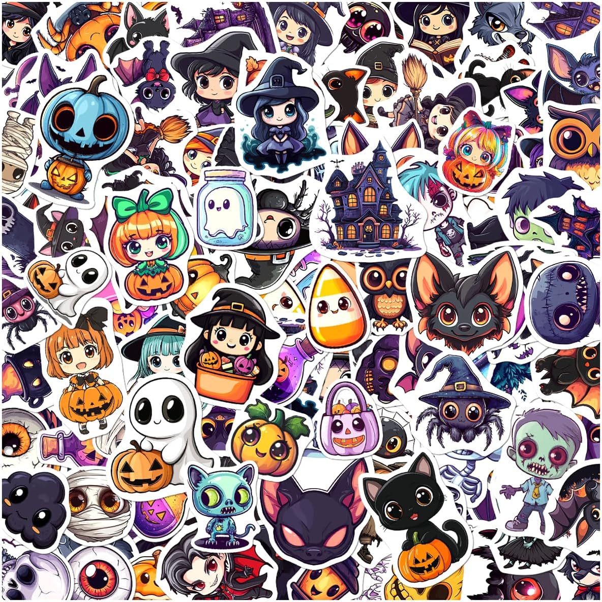 Halloween Style Cartoon Stickers Pack Cute Ghost Witch Pumpkin Cat Designs Vinyl Waterproof Non Repeating Holiday Party Decor for Kids Teens Lovers 108Pcs Hat Skateboard