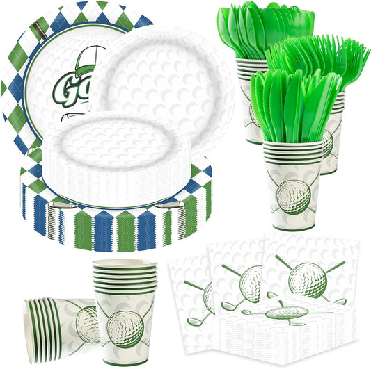 Golf Party Decorations Set for 50 Guests, 350 Pieces, Plates, Cups, Napkins, Cutlery, Green and White