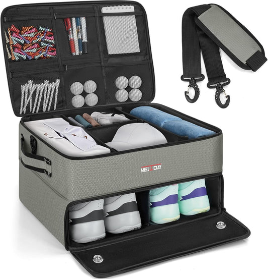 ANILD Golf Trunk Organizer, 2 Layer Golf Storage Case with Separate Ventilated Compartment for 2 Pair Shoes, for Balls, Tees, Clothes, Gloves, Accessories, Golfer Gifts