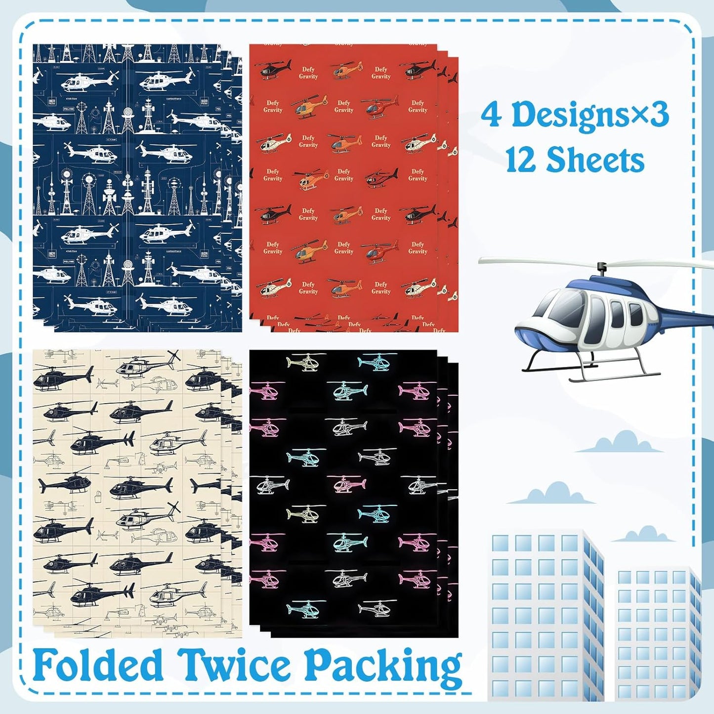 Helicopter Wrapping Paper 12 Sheets Helicopter Themed Designs Birthday Wrapping Paper Boy Gift Wrap for Holiday,Party,20"×28"