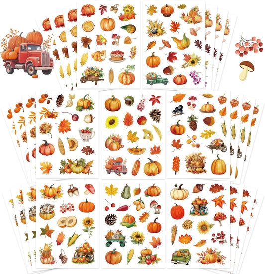 32 Sheets Fall Theme Sticker, Pumpkin Stickers, Hello Autumn Sticker, Thanksgiving Stickers for Kids, Fall Harvest Food Pumpkin Maple Leaves, Thanksgiving Party Favors Supplies