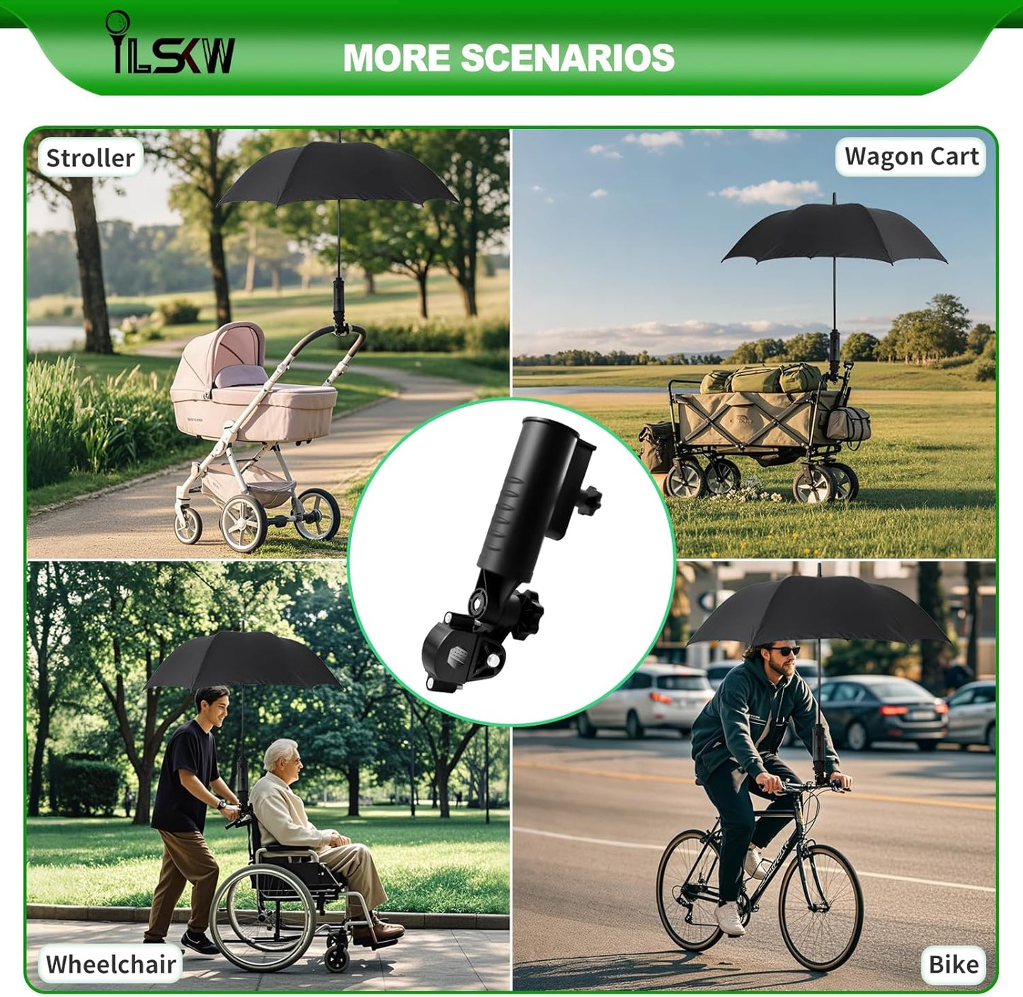 iLSKW Heavy Duty Golf Push Cart Umbrella Holder Upgraded Strong Windproof Design Aluminium Alloy Base with 180 Degrees Adjustment Stroller Umbrella Holder for Mobility Scooter, Wheelchair, Wagon Cart