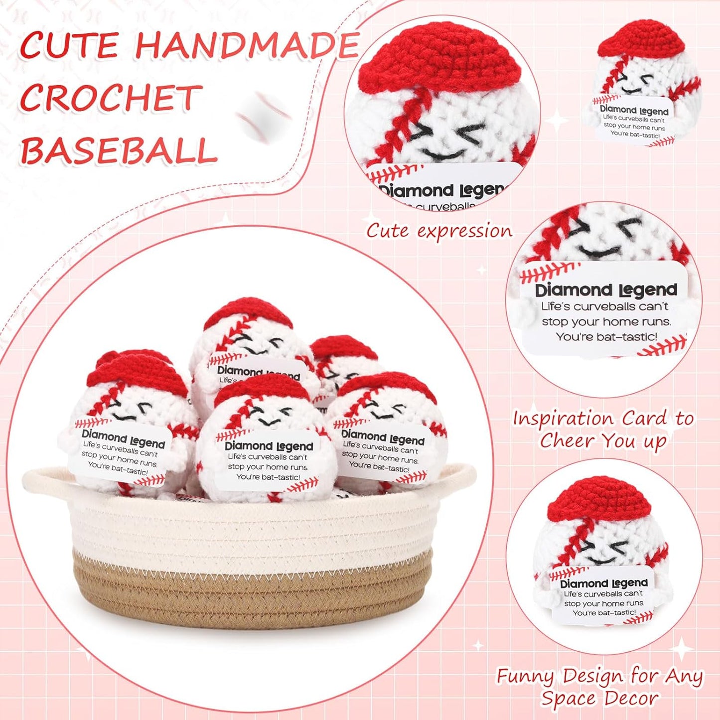 12pcs Funny Baseball Gifts for Team Bulk Positive Baseball Balls with Motivational Cards Handmade Mini Crochet Team Gift for Coach Women Men Coworker Birthday Christmas Party Favors